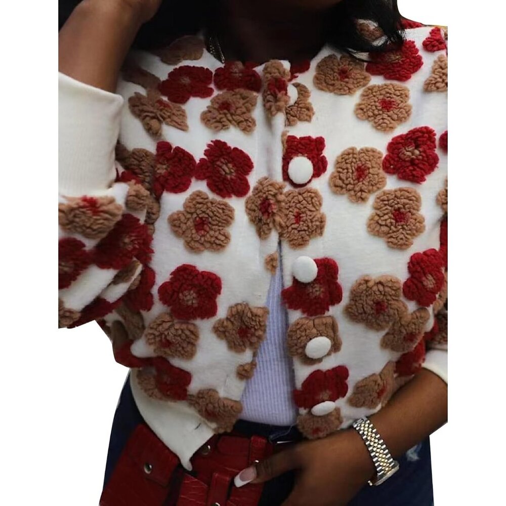 〽️Women's Red Khaki Flygo Cropped Floral Print Bomber Fleece Varsity Jacket